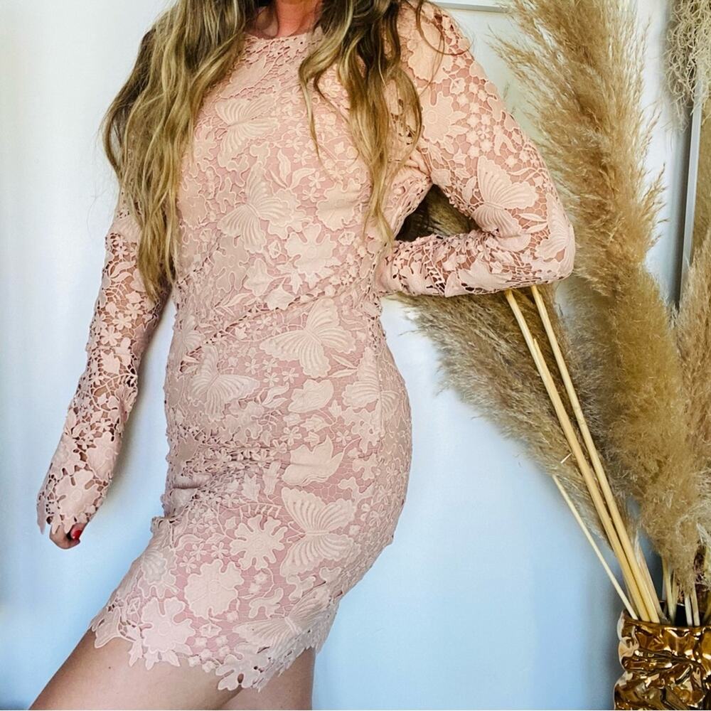 NEW X NBD REVOLVE Pink Blush Butterfly Lace Sheer Long Sleeve Marco Mini Dress M